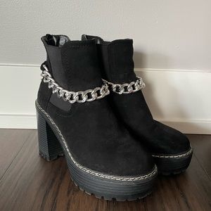 Dolls Kill Suede Silver Chain Chunky Heel Ankle Boots